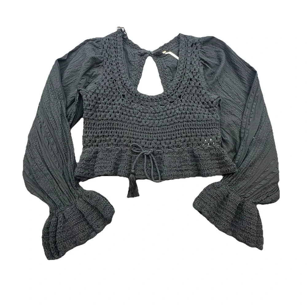 Free People Megan Crochet Boho Top Women's Medium ‎ Black
